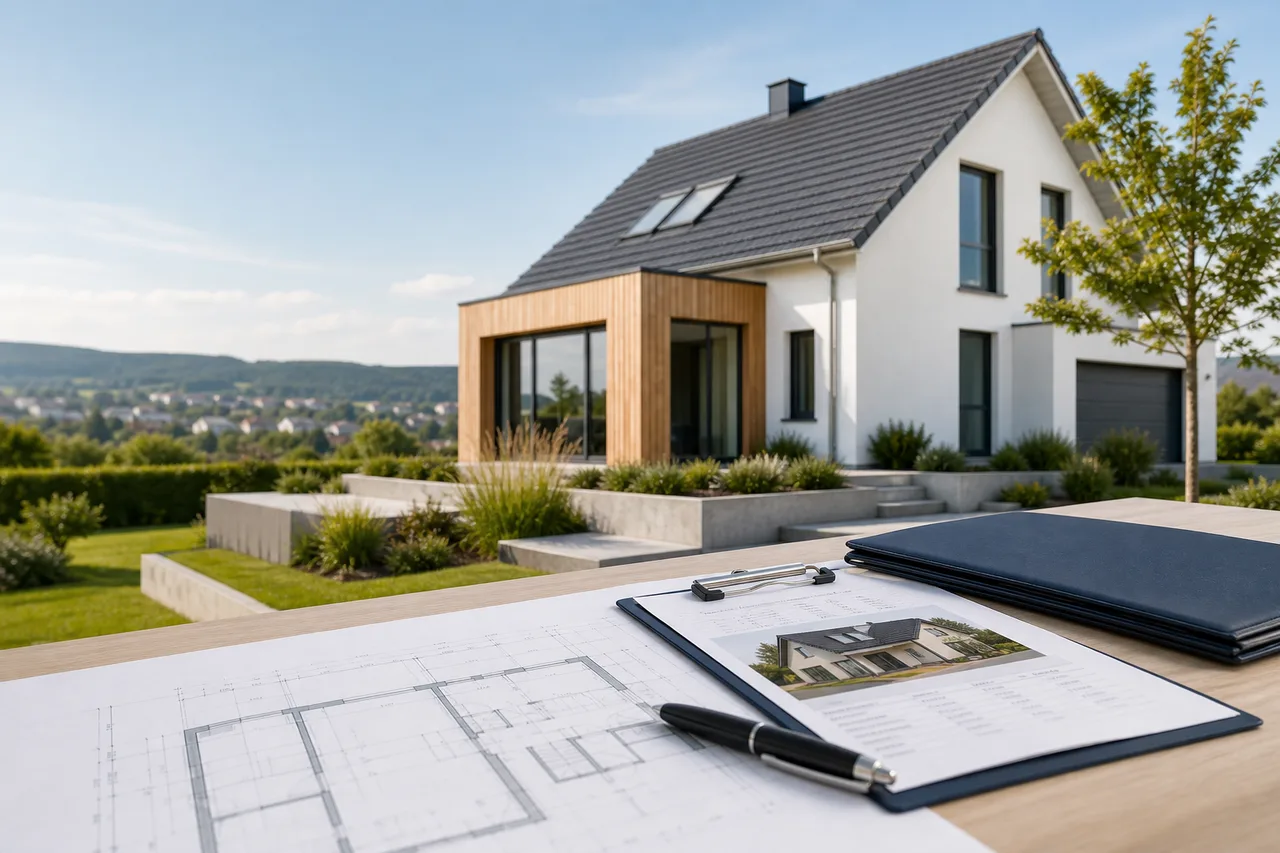 Modernes Wohnhaus mit Unterlagen zur Immobilienbewertung